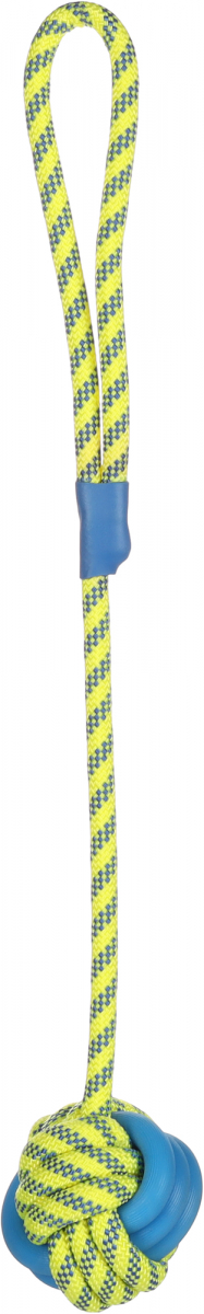 Jouet pour chien Tofla balle + corde à tirer bleu/jaune en caoutchouc et nylon résistant
