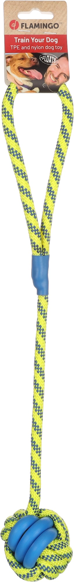 Palla giocattolo per cani Tofla + corda blu/giallo in gomma resistente e nylon