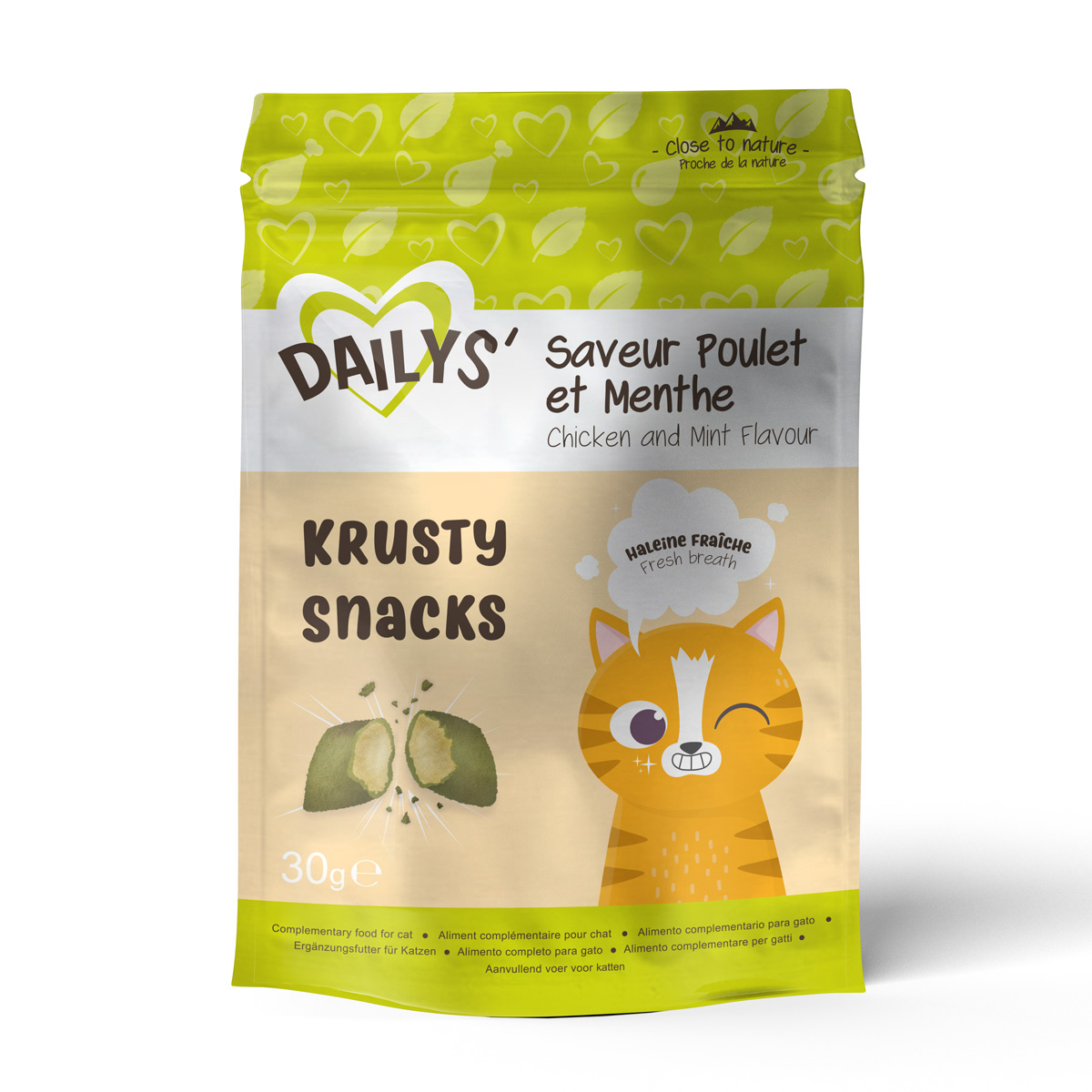 Dailys Krusty Snacks Gluseimas sabor Frango e Menta para gato