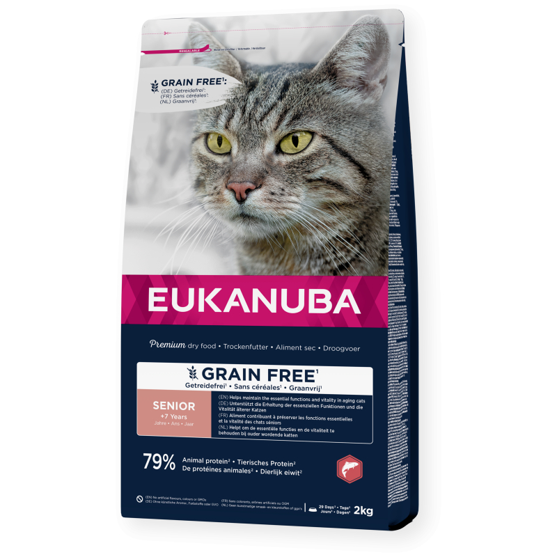 Eukanuba croquettes sans céréales au saumon pour chat senior