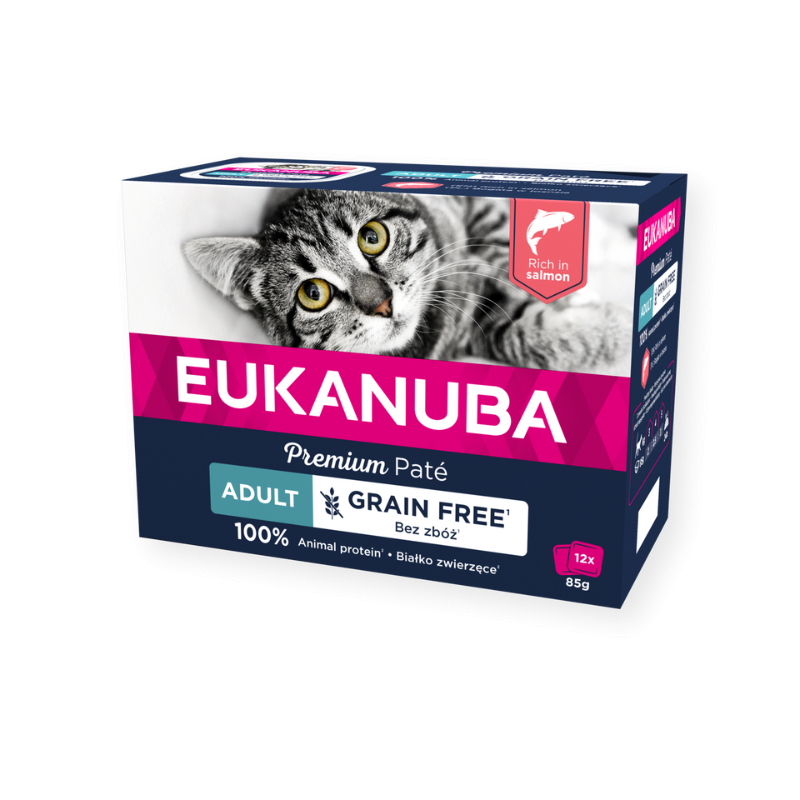 Eukanuba patê sem cereais rico em salmão para gato adulto