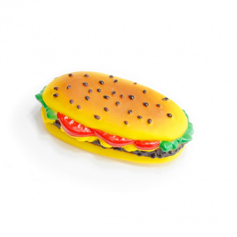 Jouet long burger en vinyl pour chien