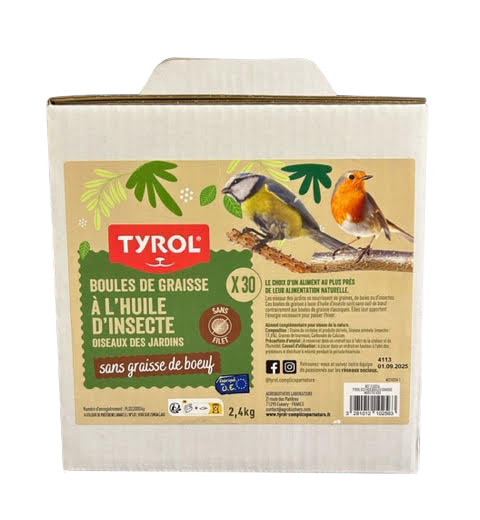 Tyrol Box em cartão com 30 bolas de gordura sem rede para pássaros selvagens