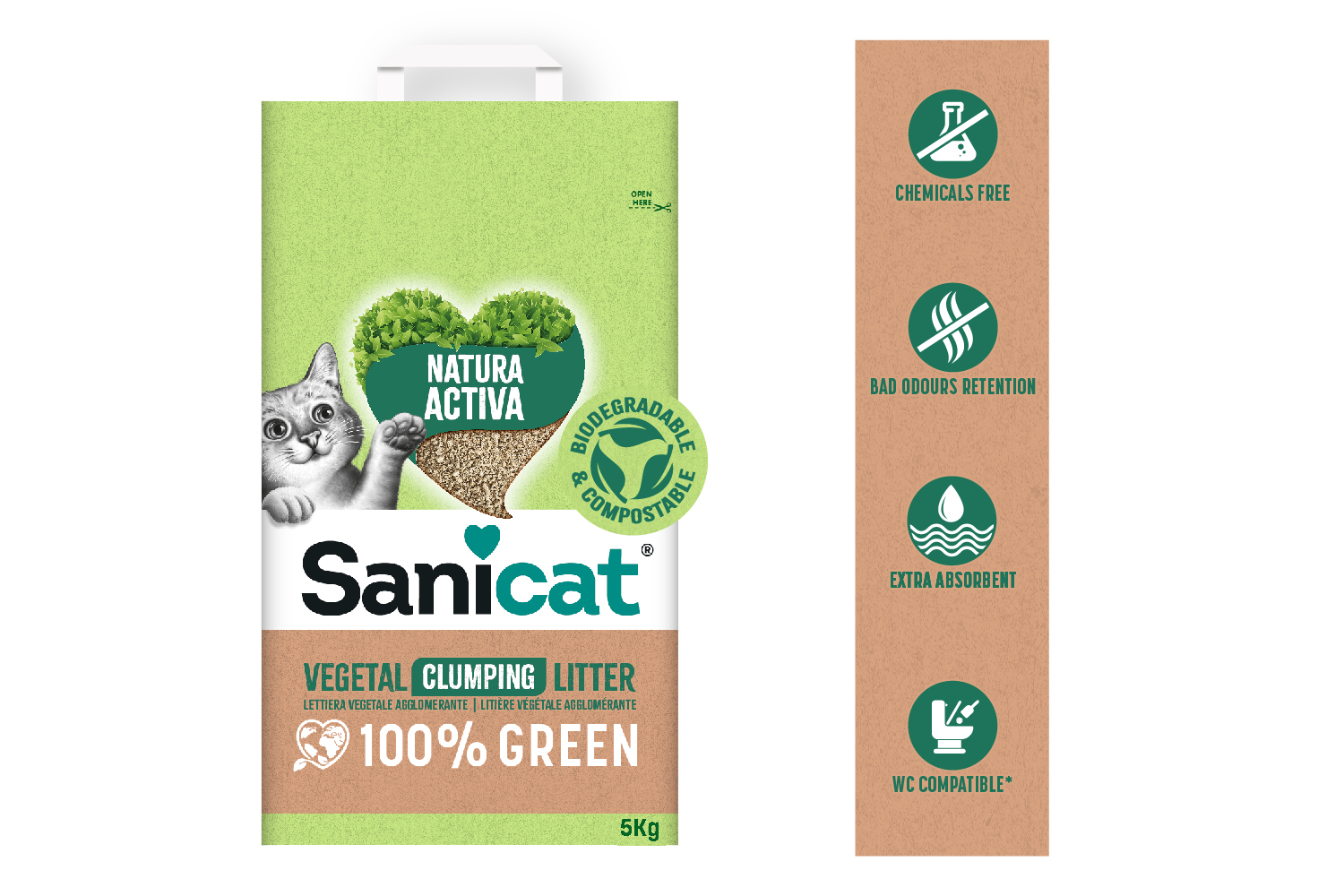 Sanicat Litière Végétale Agglomérante Active Natura 100% Green