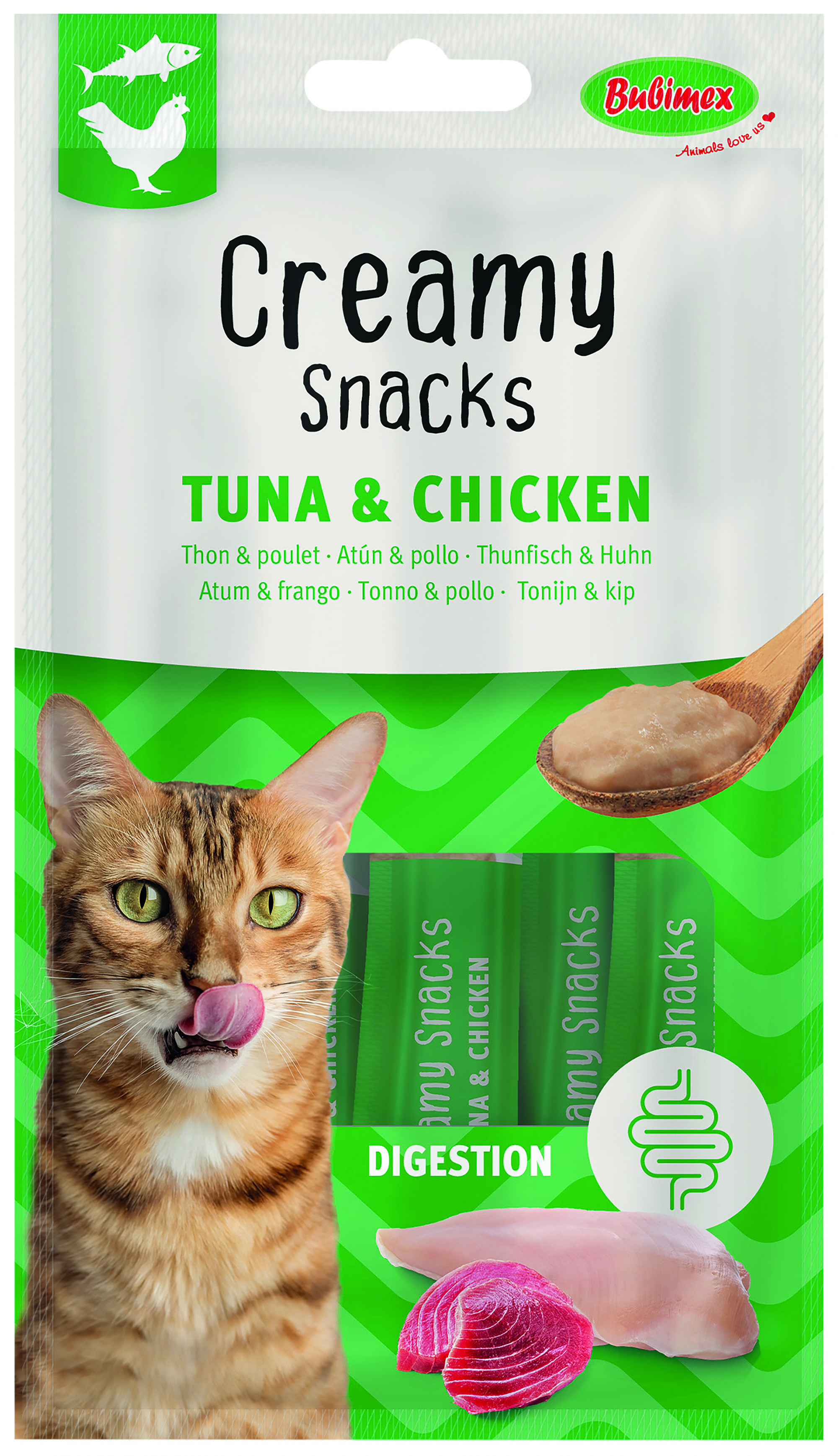 BUBIMEX Creamy Snacks Digestion Snack cremoso de atún y pollo para gatos