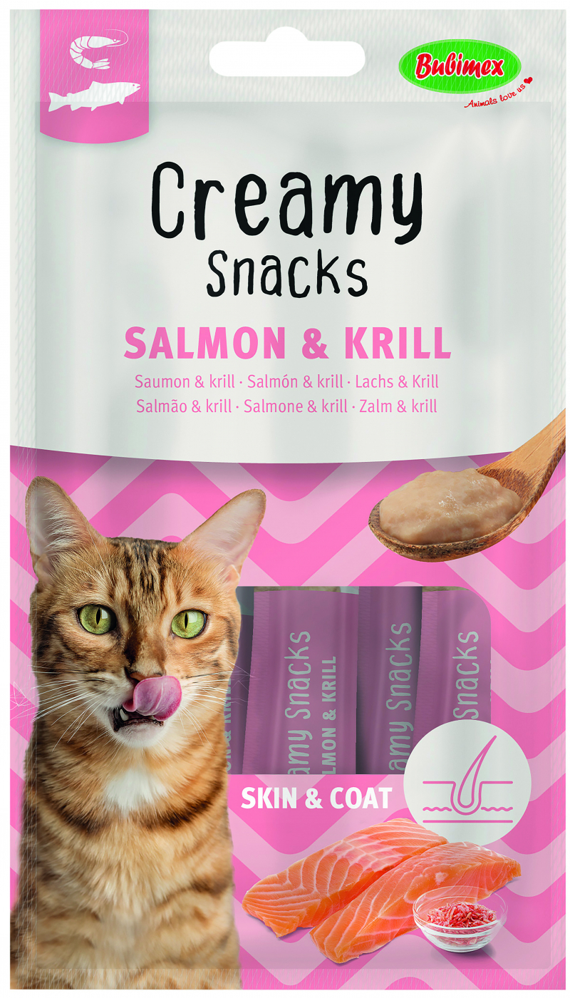 BUBIMEX Creamy Snacks Haut & Fell Leckerli zum Lecken mit Lachs und Krill