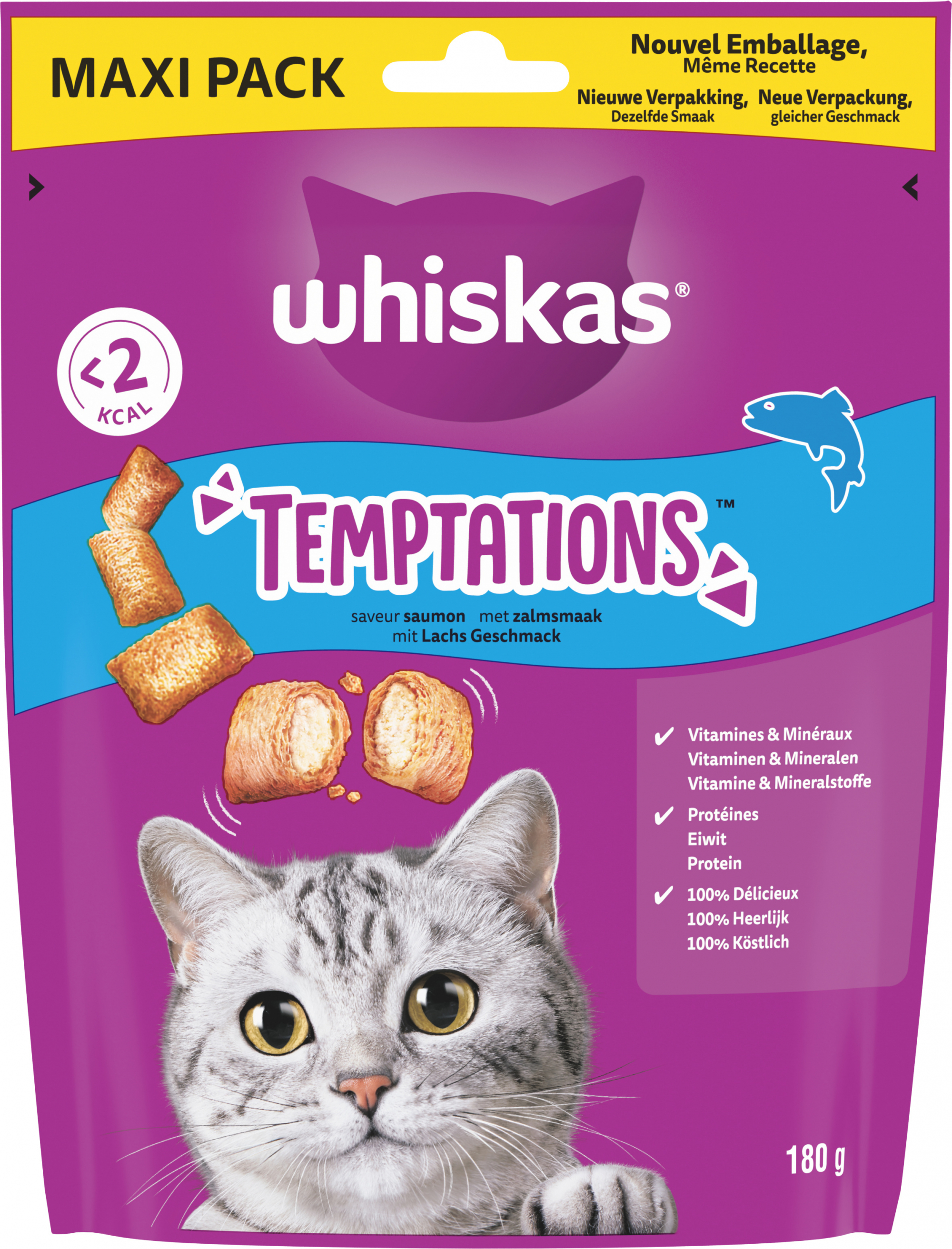 WHISKAS TEMPTATIONS Petiscos de Salmão para gato adulto