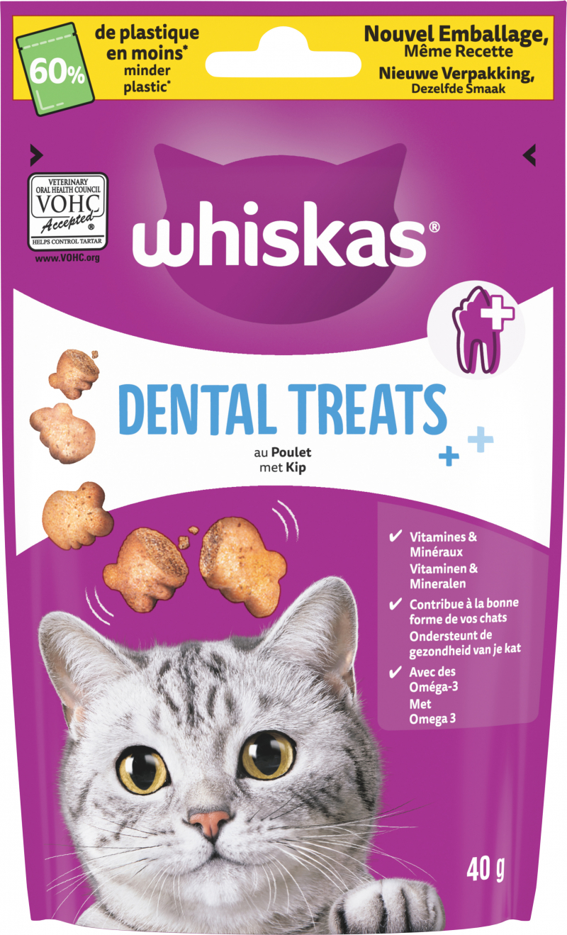 WHISKAS DENTAL TREATS Petiscos de Frango para gatos adultos