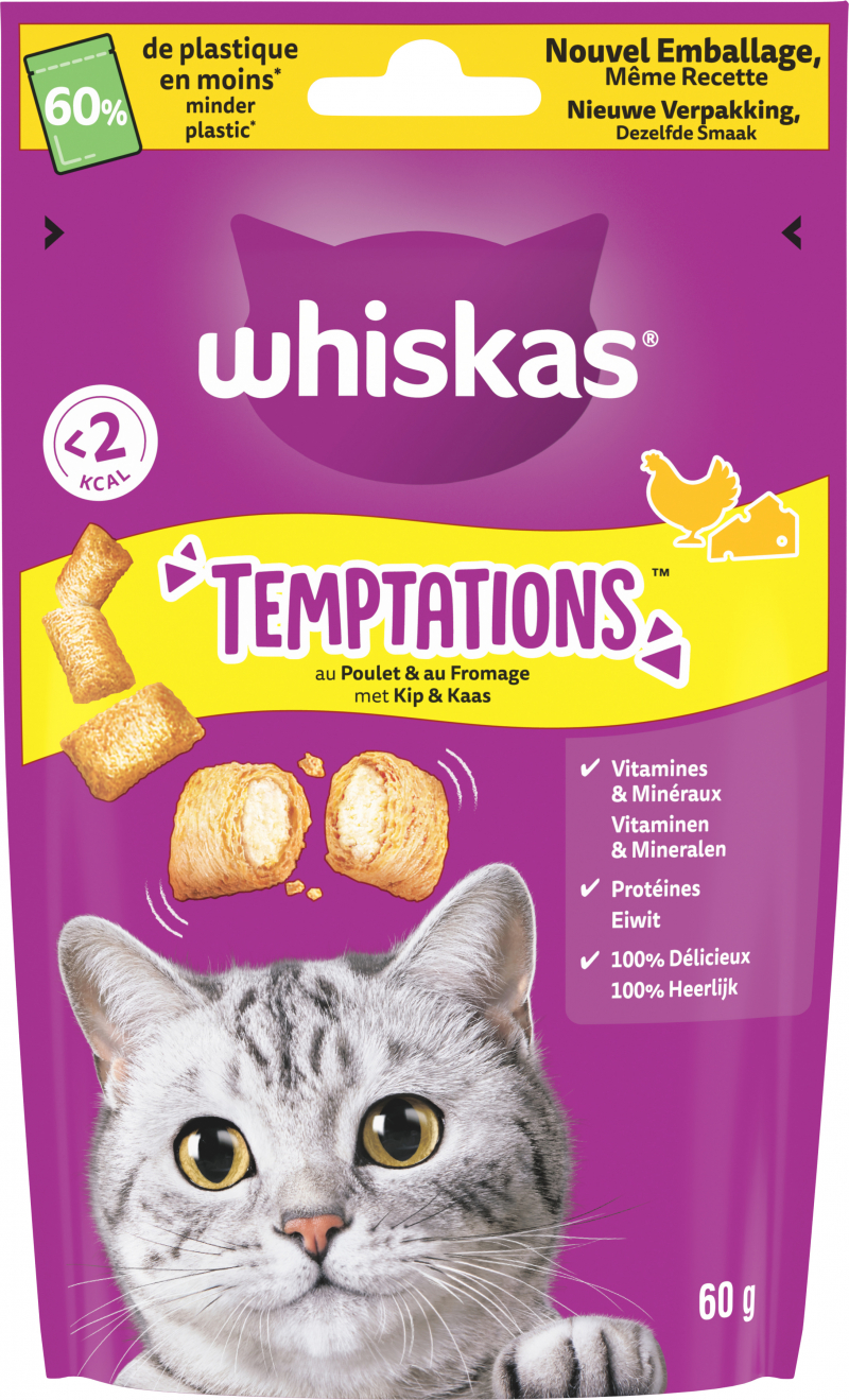 WHISKAS TEMPTATIONS Golosinas de Pollo y Queso para gatos adultos