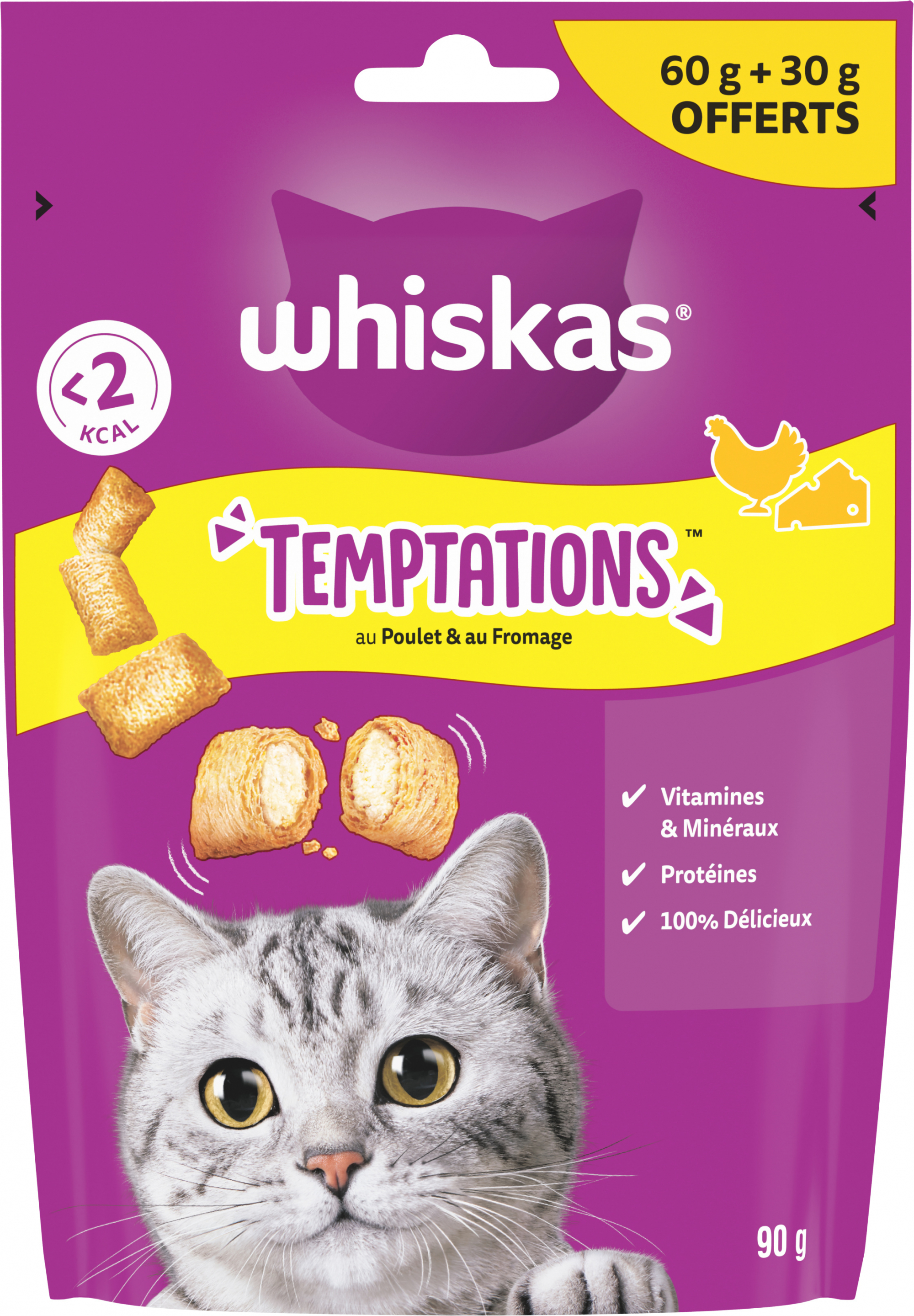 WHISKAS TEMPTATIONS Golosinas de Pollo y Queso para gatos adultos