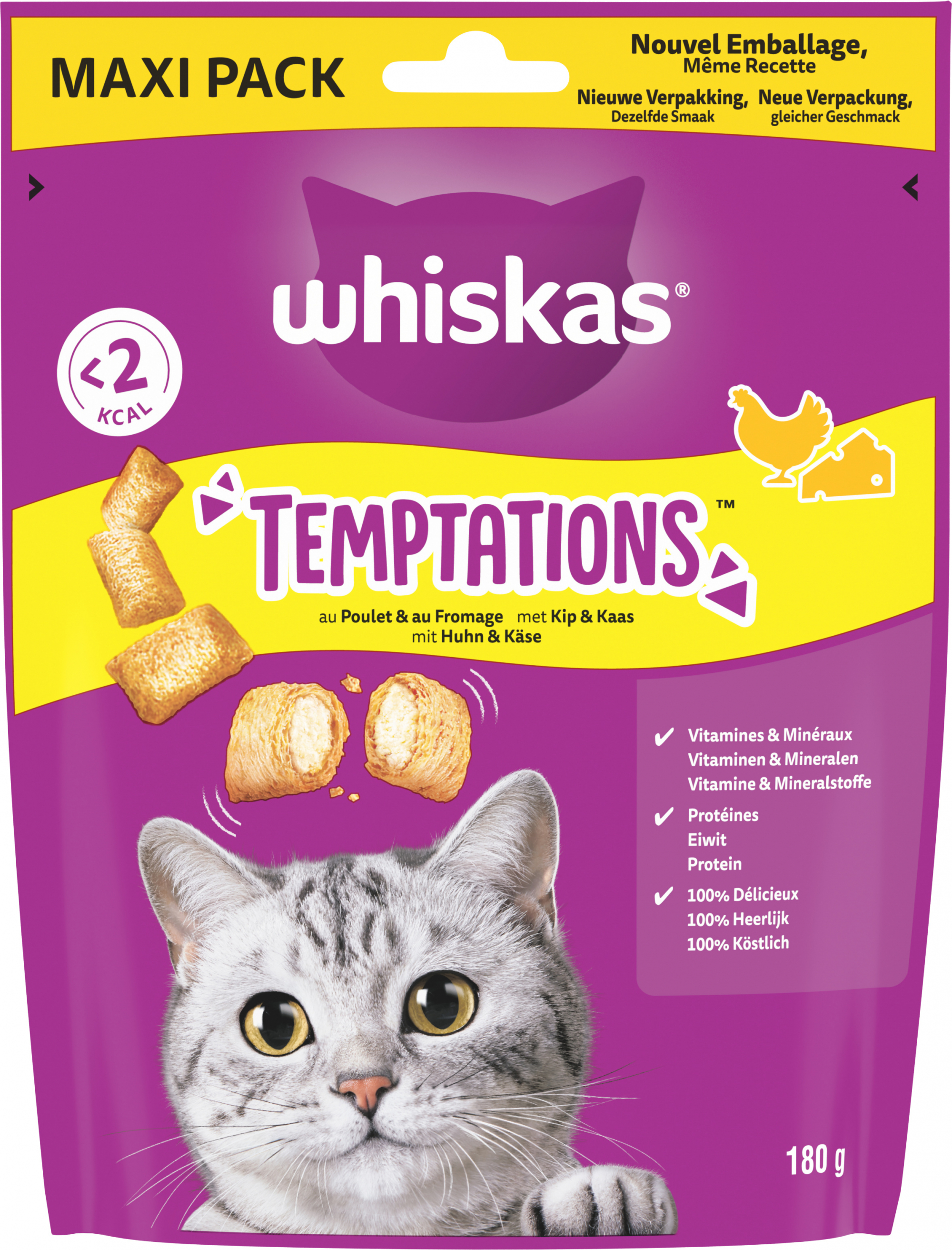 WHISKAS TEMPTATIONS Golosinas de Pollo y Queso para gatos adultos