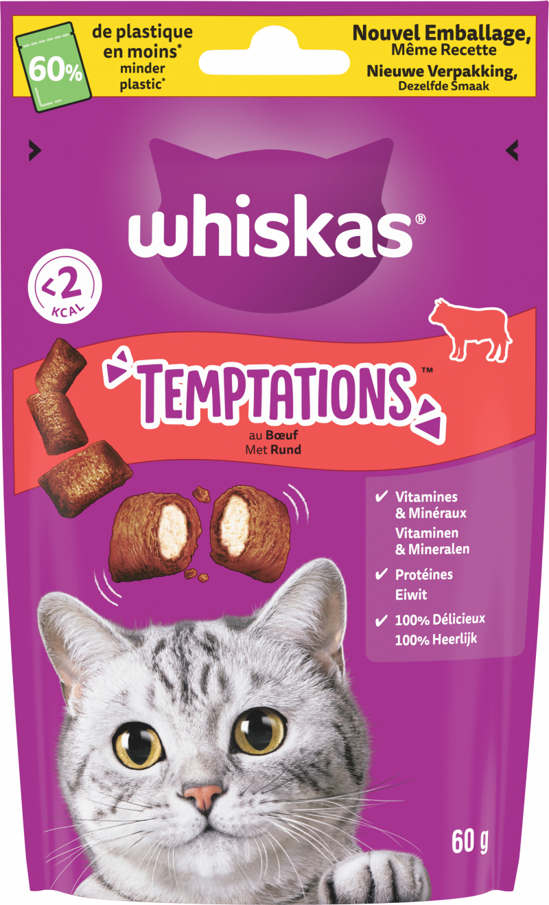 WHISKAS TEMPTATIONS Golosinas de Ternera para gato adulto