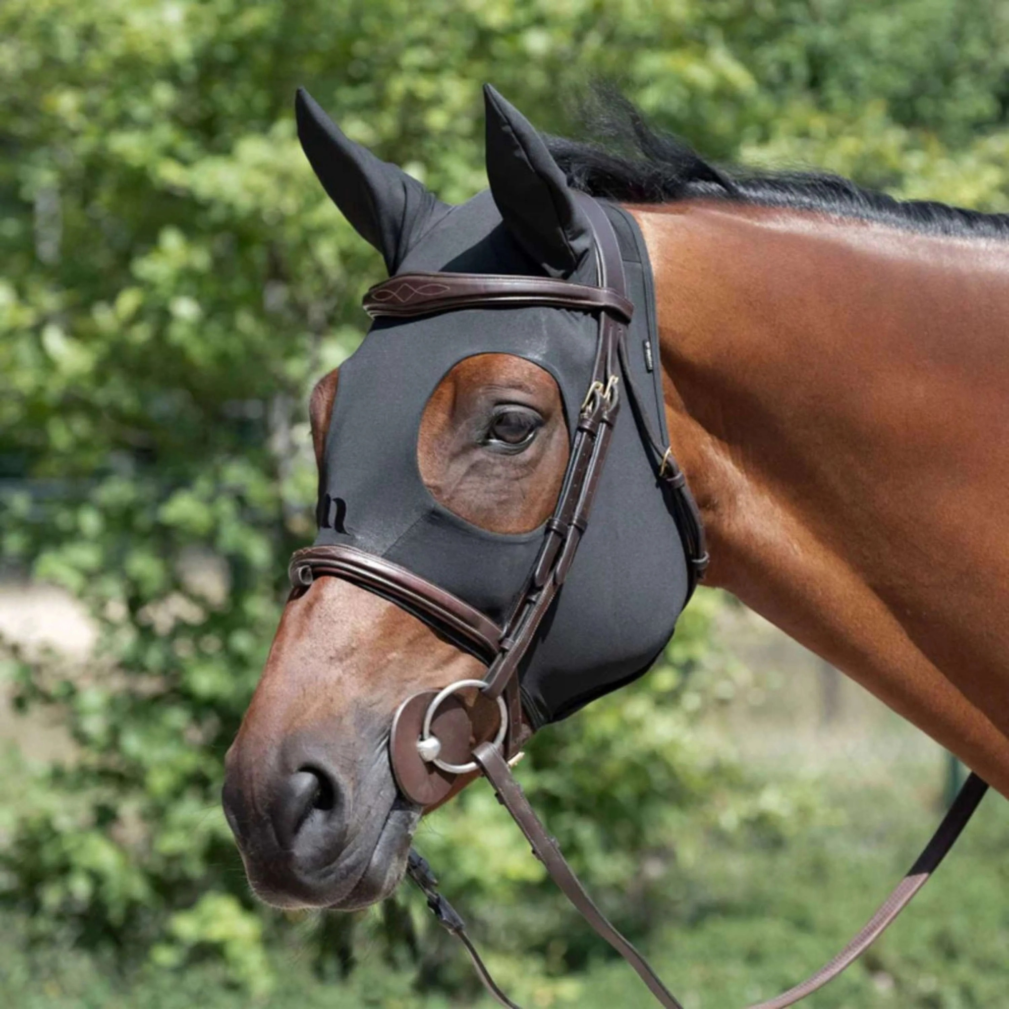 Beruhigende schwarze Maske für Pferde 