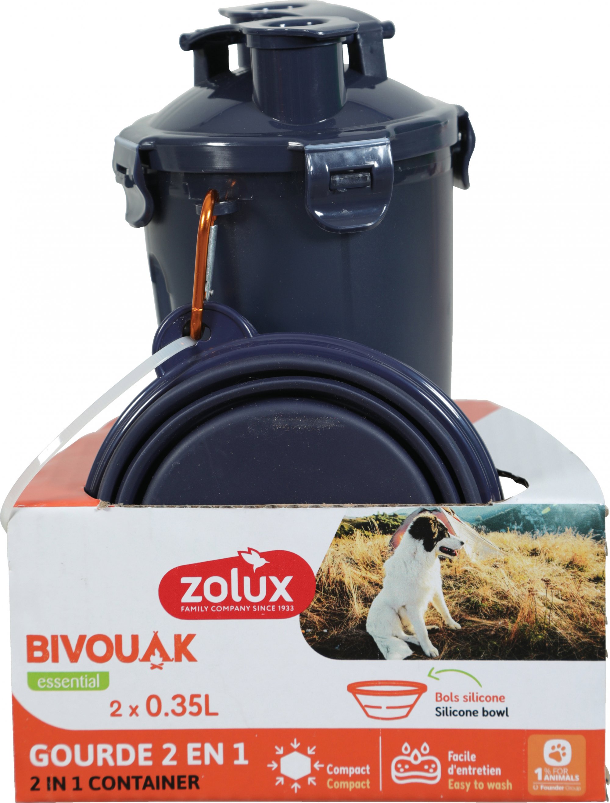 Gourde Bivouak 2 en 1 eau et croquettes pour chien - 2 coloris disponibles