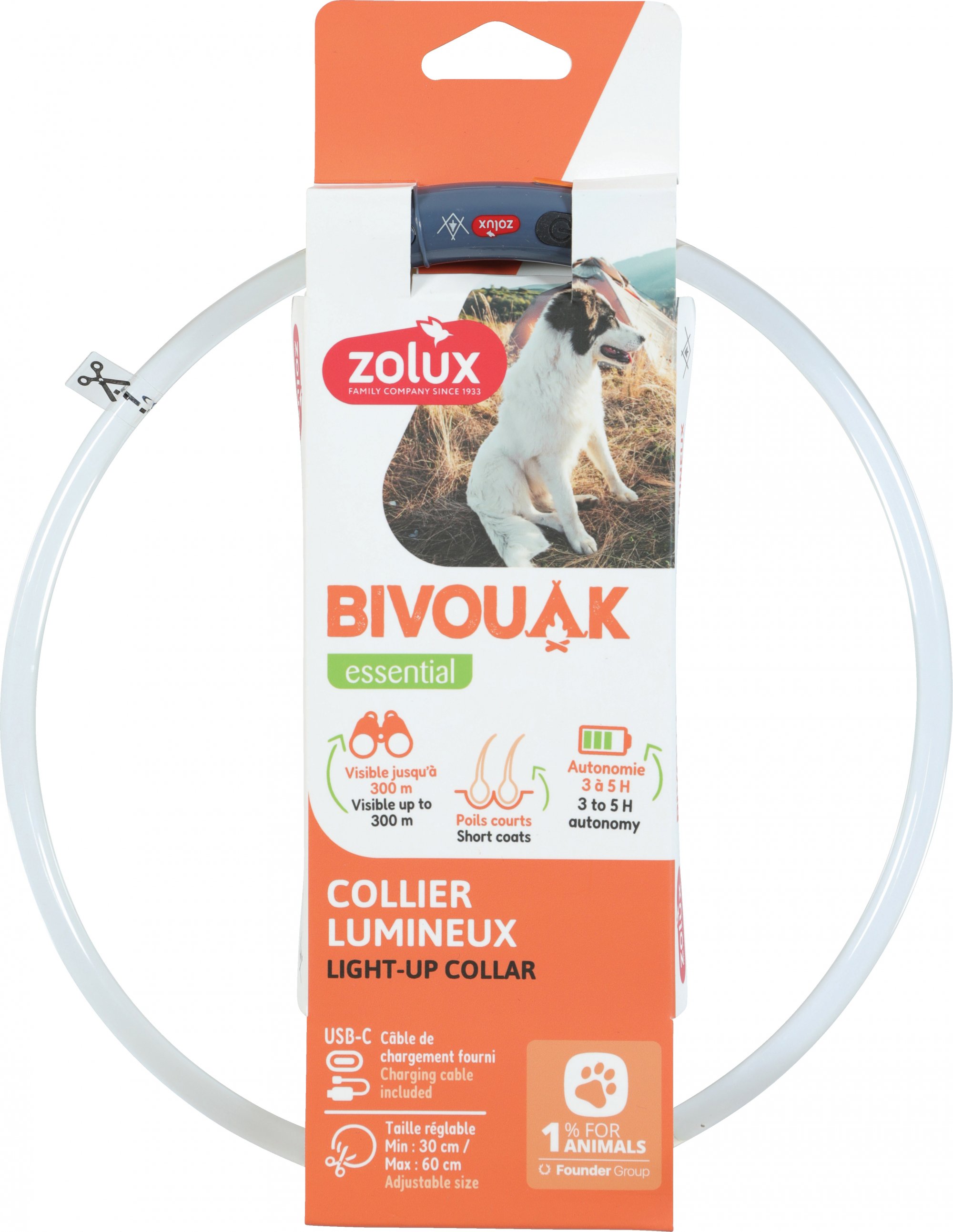 Collier lumineux USB pour chien à poils courts Zolux Bivouak - 2 coloris disponibles