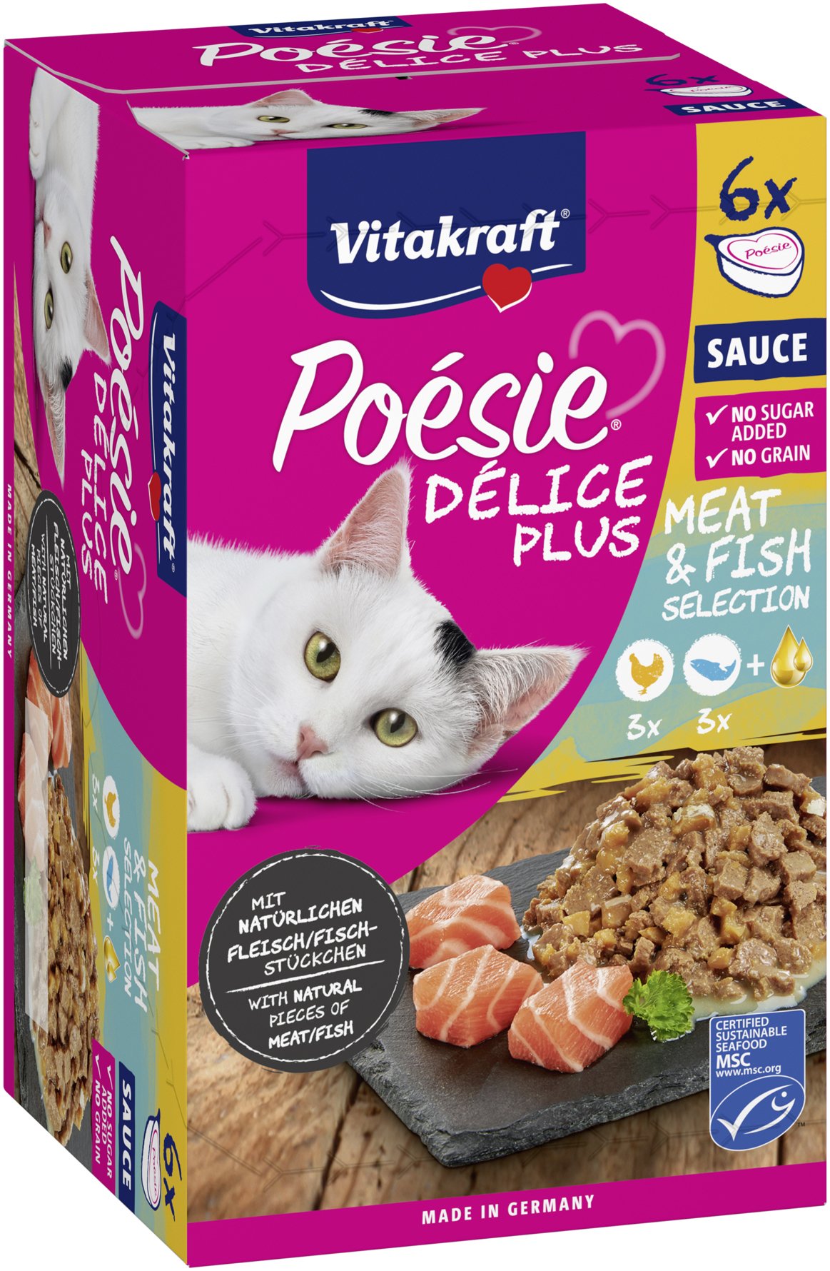 VITAKRAFT Poésie Délice Plus - Repas en sauce sans céréale ni sucre ajouté pour chat - 6 barquettes 