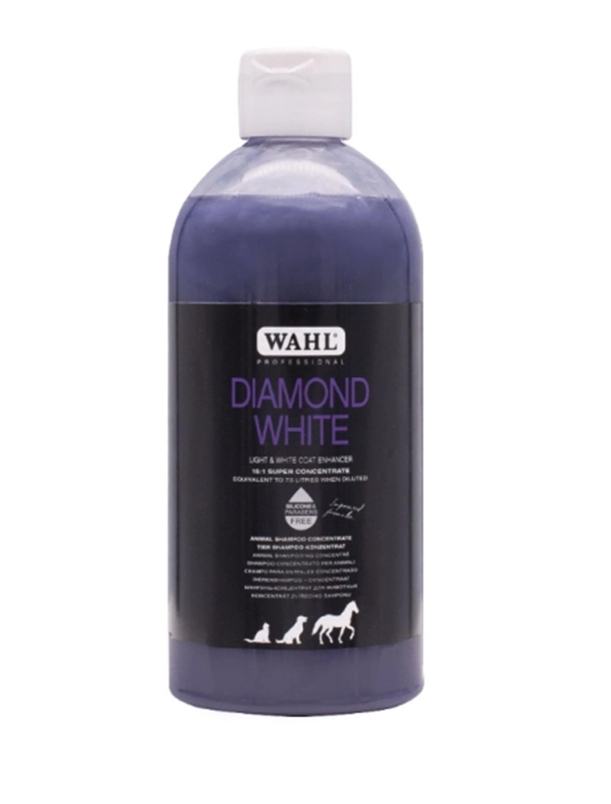 Shampoing Concentré WAHL 500ml pour pelages blancs et clairs pour chien, chat et chevaux