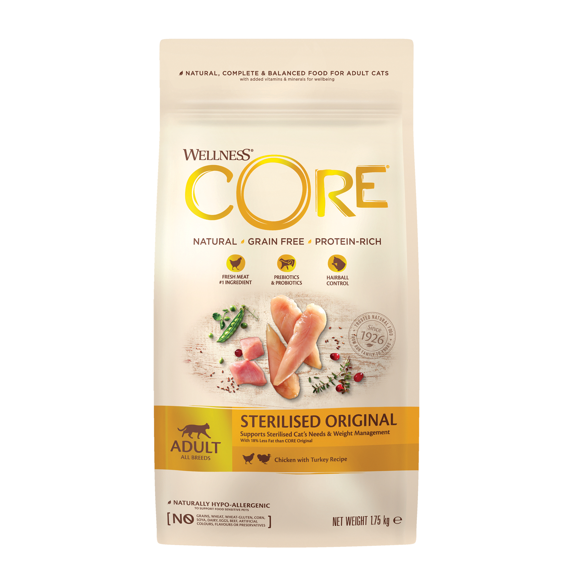 WELLNESS CORE Sterilised Original be grudu kroketės su vištiena ir kalakutiena sterilizuotiems katėms