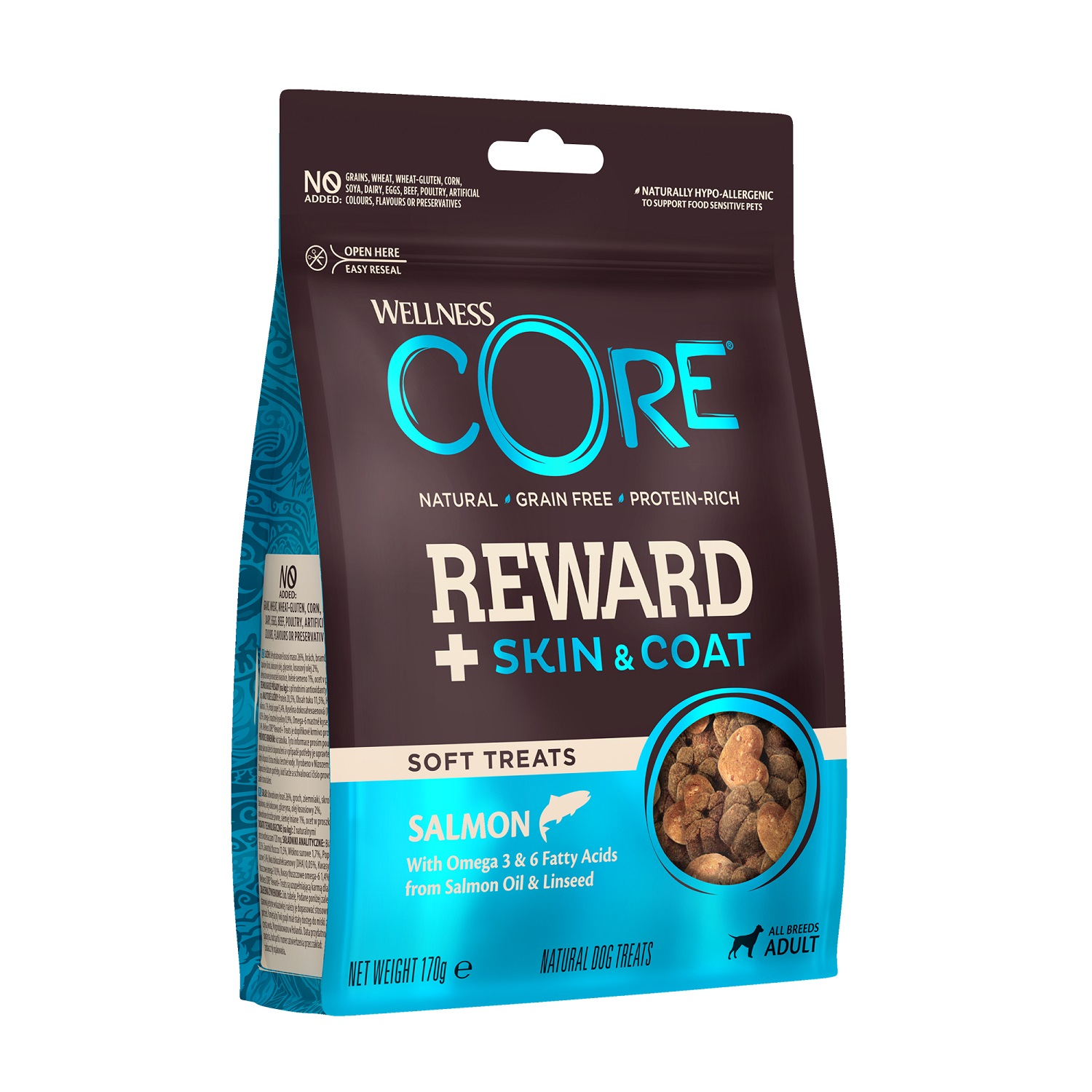 WELLNESS CORE maiustused Reward + Nahk & Karv lõhega koertele