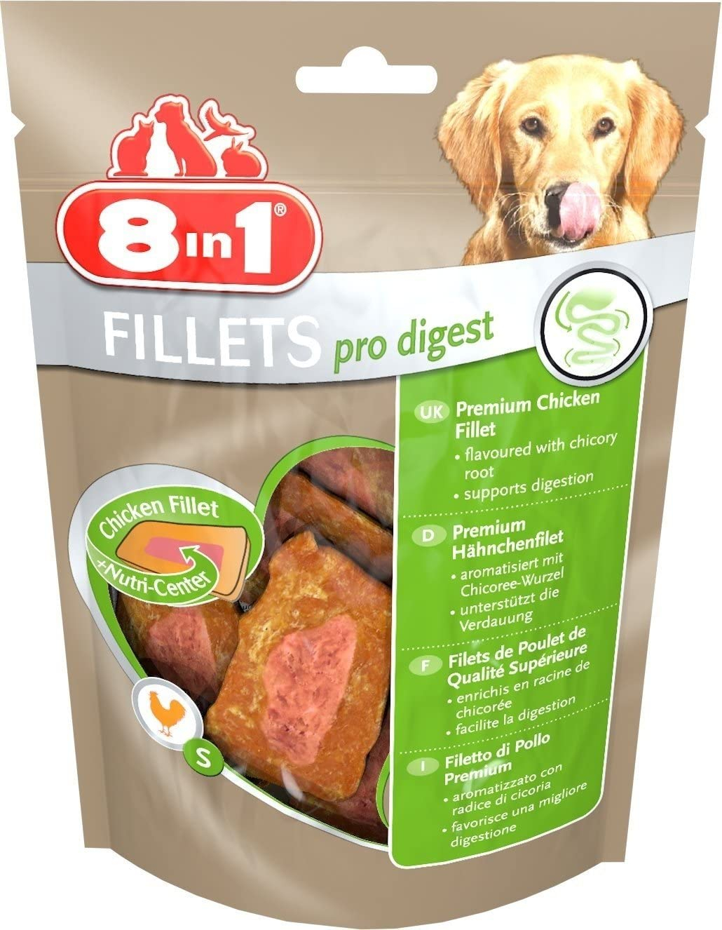 Dolcetti per cane che favoriscono la digestione, gusto pollo - 8in1 Fillets Pro Digest, 2 taglie