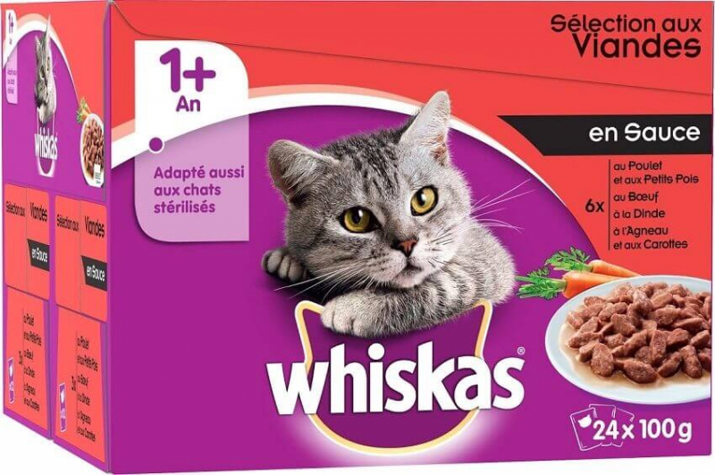 Pack De 24 Patees Whiskas 1 Selection De Viandes En Sauce Pour Chat