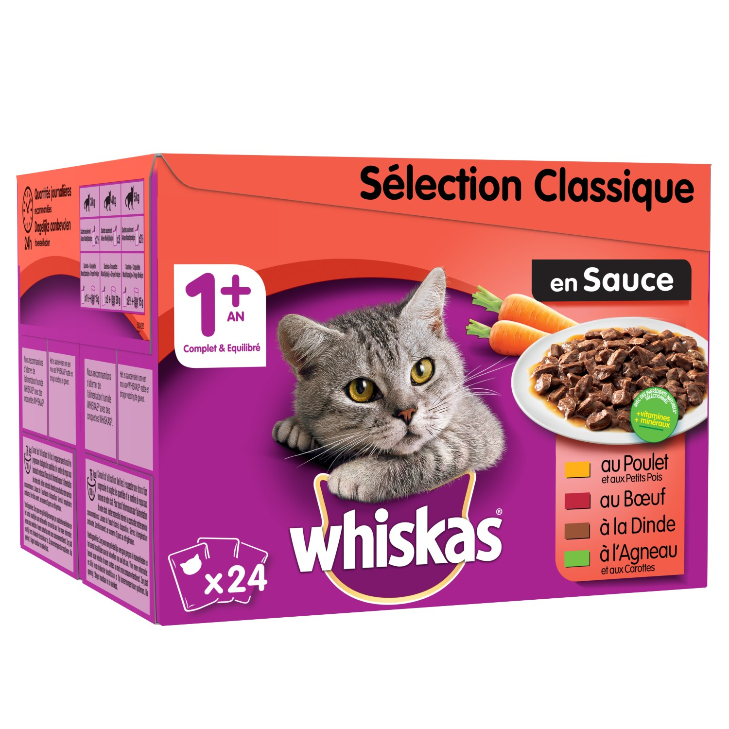 Pack de 24 comida húmeda para gatos WHISKAS 1+ Selección de carnes en salsa
