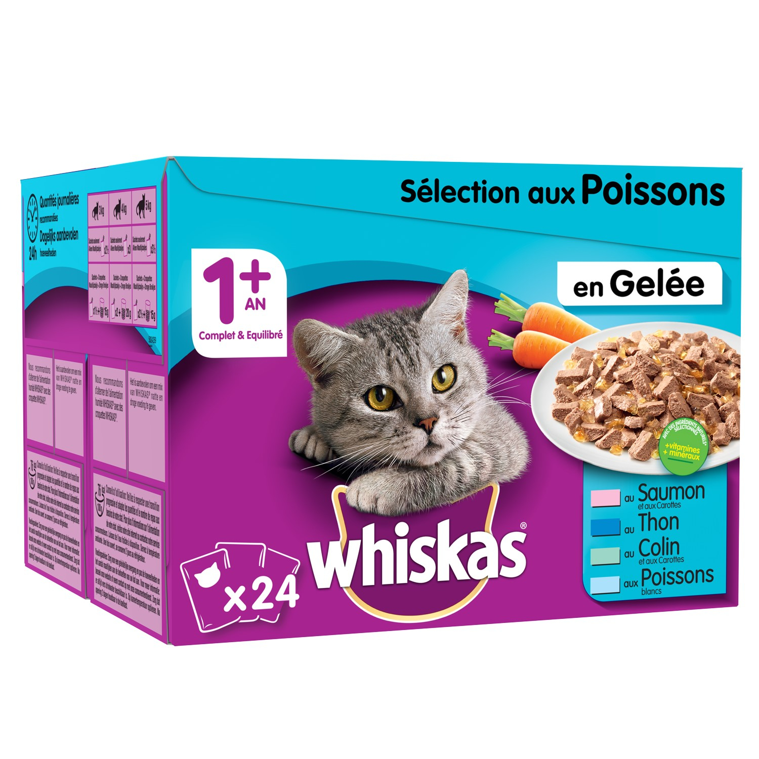 Lote de patês WHISKAS 1+ Sélection de Poisson - Alimento húmido em gelatina para gato adulto disponível em 4 sabores