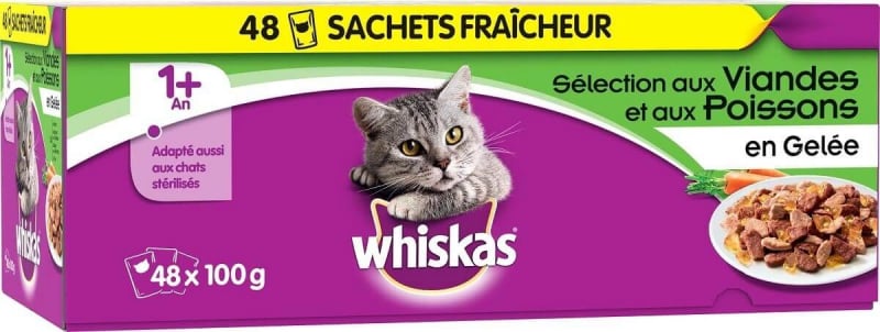 MEGA Pack de 48 Comida húmeda WHISKAS + 1 Selección de Carne y Pescado en gelatina para gatos