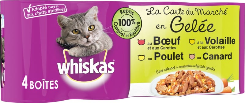 Pack de 4 comida húmeda en gelatina para gatos WHISKAS La Carta del Mercado