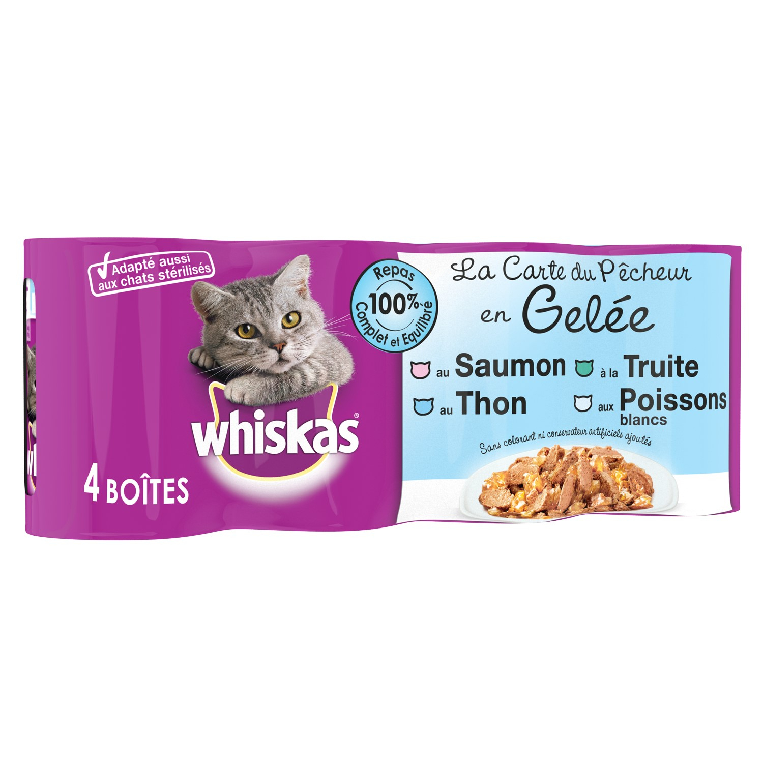 Pack de 4 Comida húmeda en gelatina WHISKAS Menú del Pescador para gatos