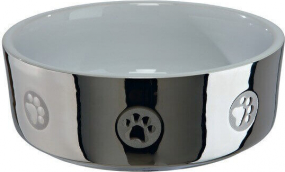Tigela de cerámica prata e branca para cão