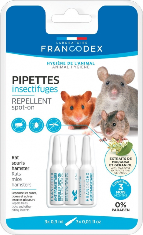 Francodex Pipette Insettifughe Piccoli Roditori 3 pipette da 0,3ml - Repellente per parassiti