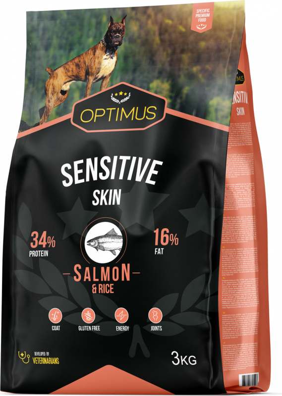 Ração seca para cães com pele frágil OPTIMUS Sensitive Skin Salmão & Arroz