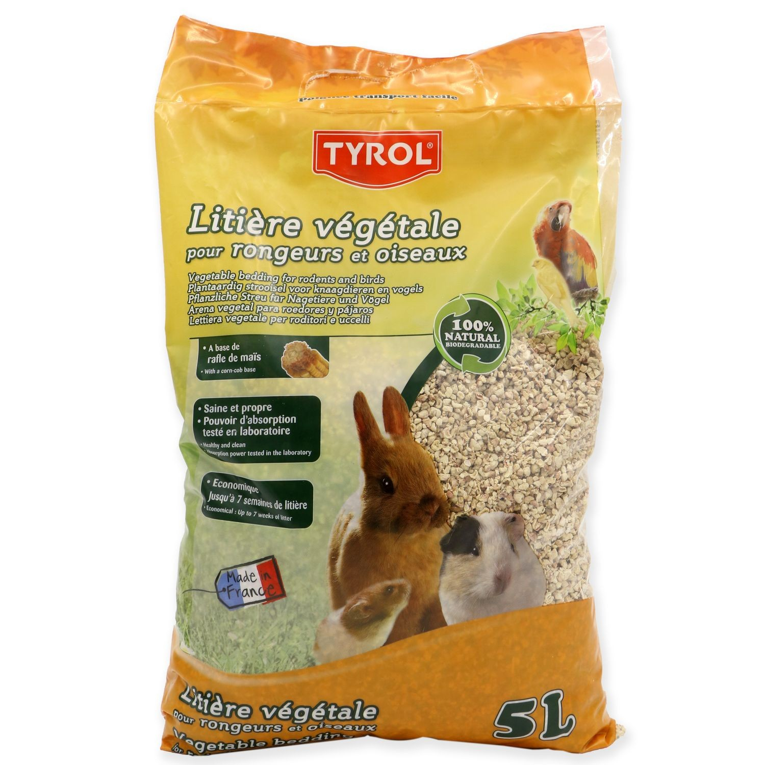 TYROL Lecho de maíz para pájaros y roedores 100% Natural y Biodegradable. Eficaz 7 semanas - 5L