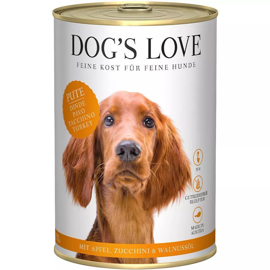 100% natuurlijk, graanvrij natvoer Dog's Love voor volwassen honden, rijk aan kalkoen