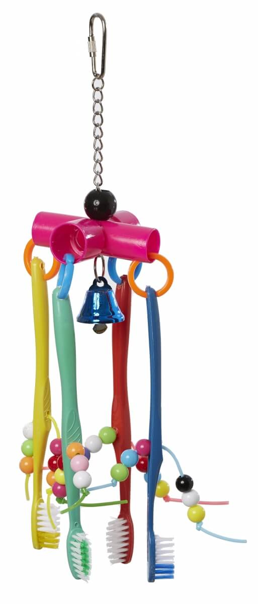 Speelgoed opgehangen tandenborstels voor parkieten