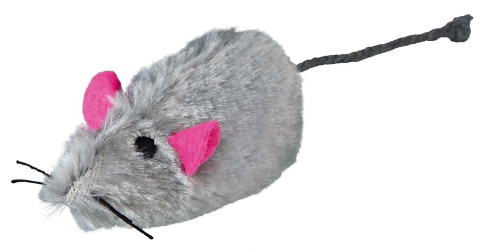 Knuffel muis, lange haren, 9 cm