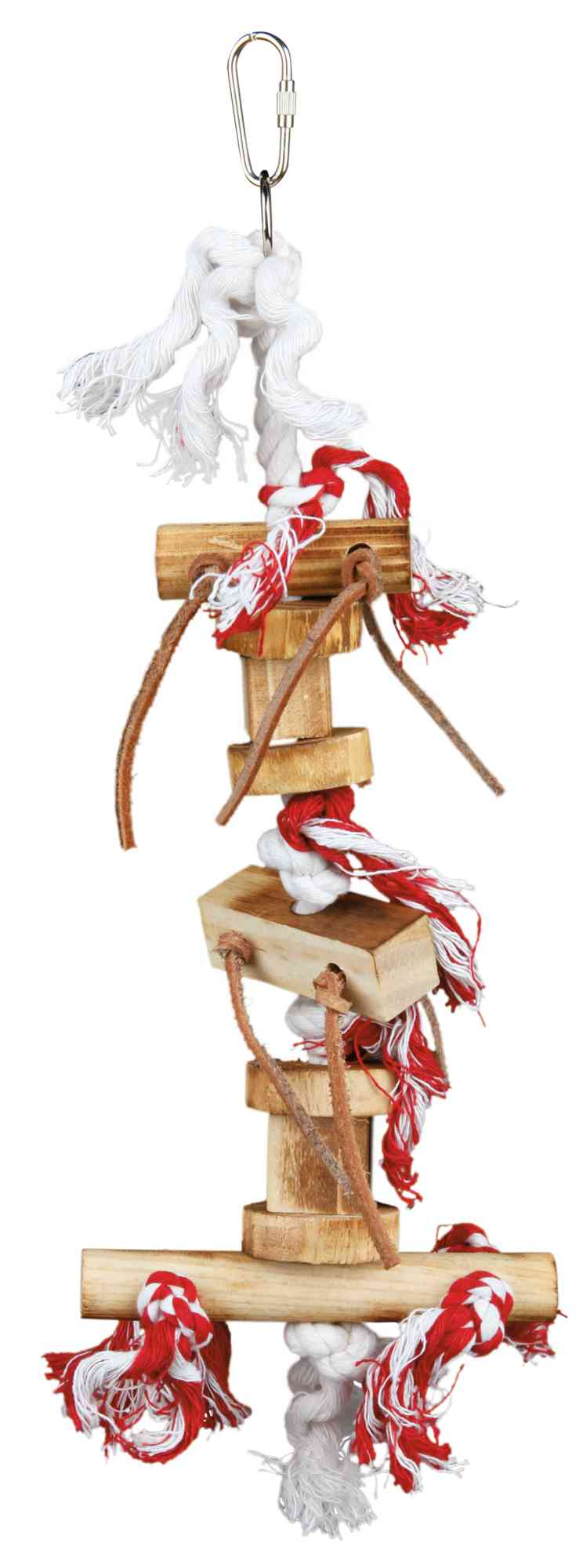 Brinquedo em madeira sobre corda com tiras de couro