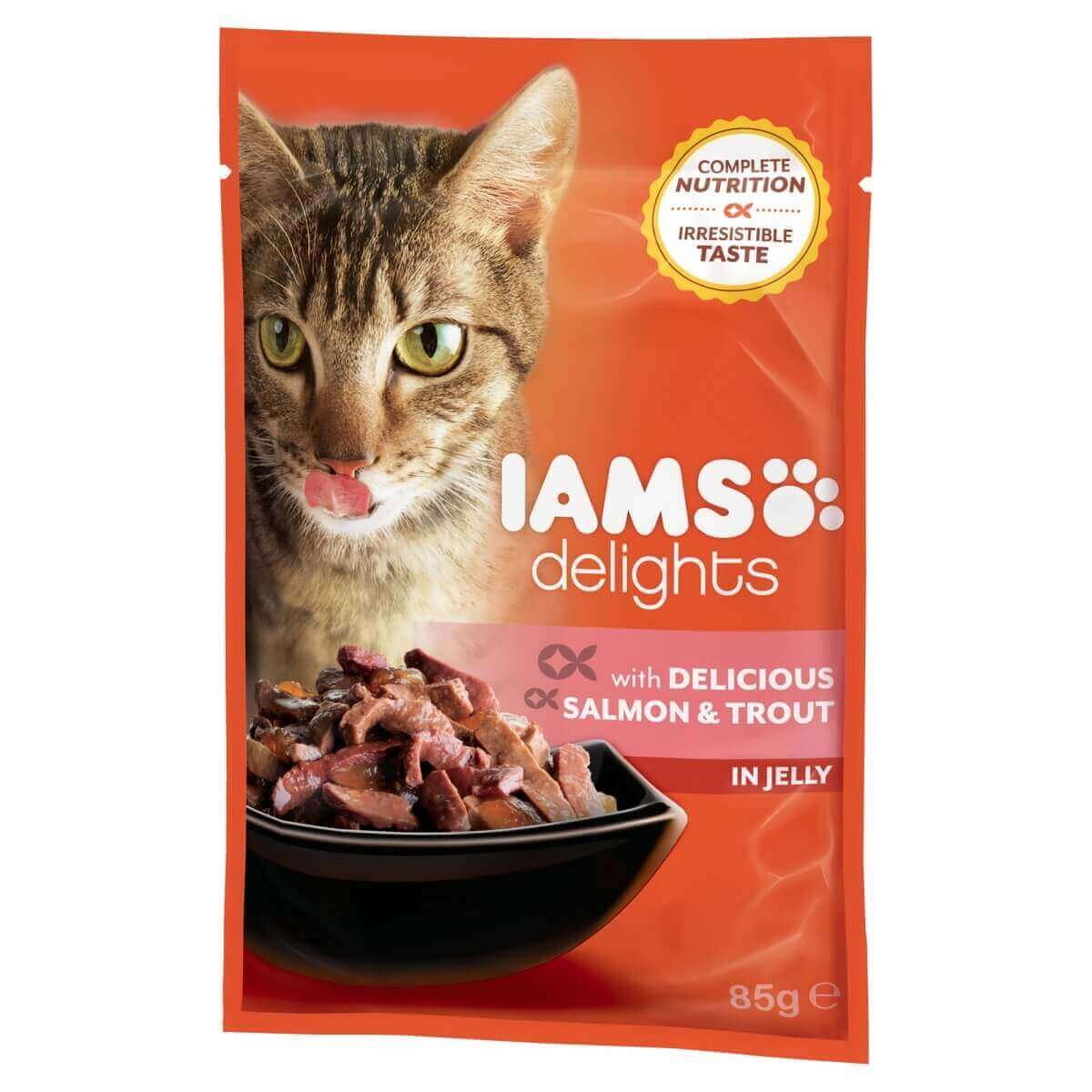 IAMS Sobres individuales Delights en salsa o en Gelatina 85g para gato Adulto - 4 Sabores diferentes