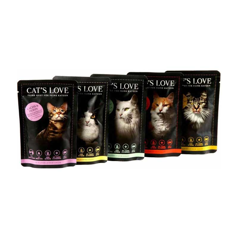Varias bolsitas de CAT'S LOVE Comida húmeda natural para gatos adultos 85 gr - 6 recetas