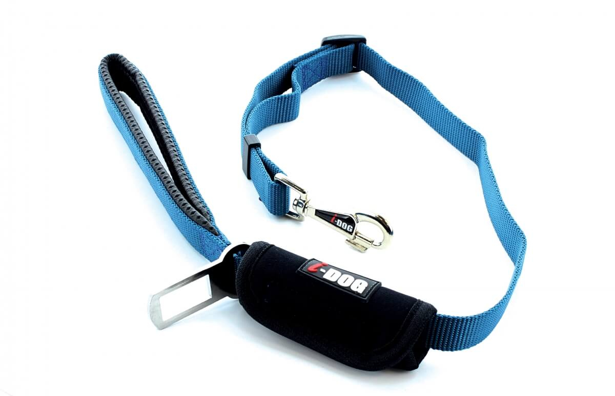 Il guinzaglio comfort IDOG azzurro/grigio con gancio di sicurezza per auto