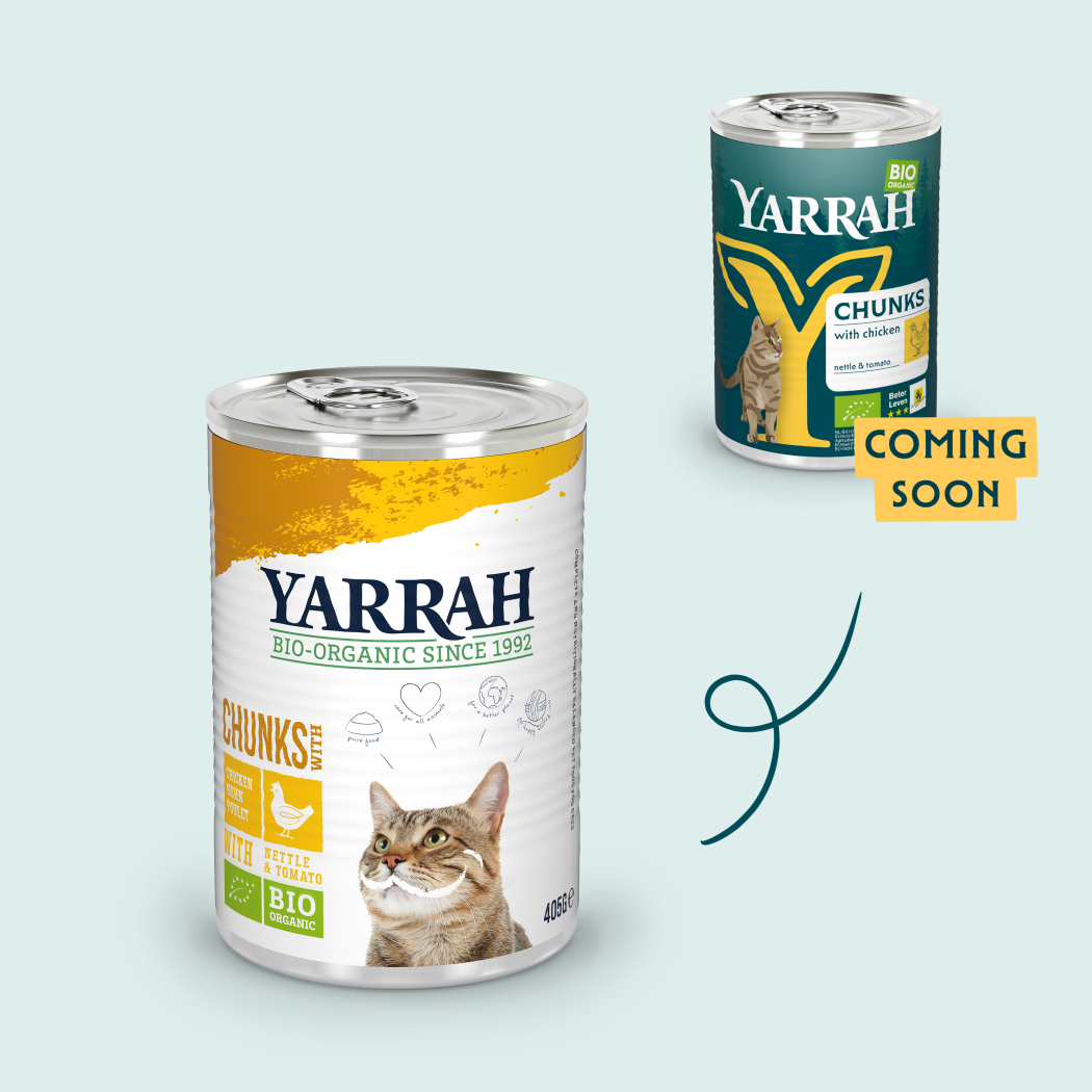 Nassfutter mit Stückchen Yarrah Bio Adult 405g ohne Getreide für Katzen - 3 Geschmacksrichtungen