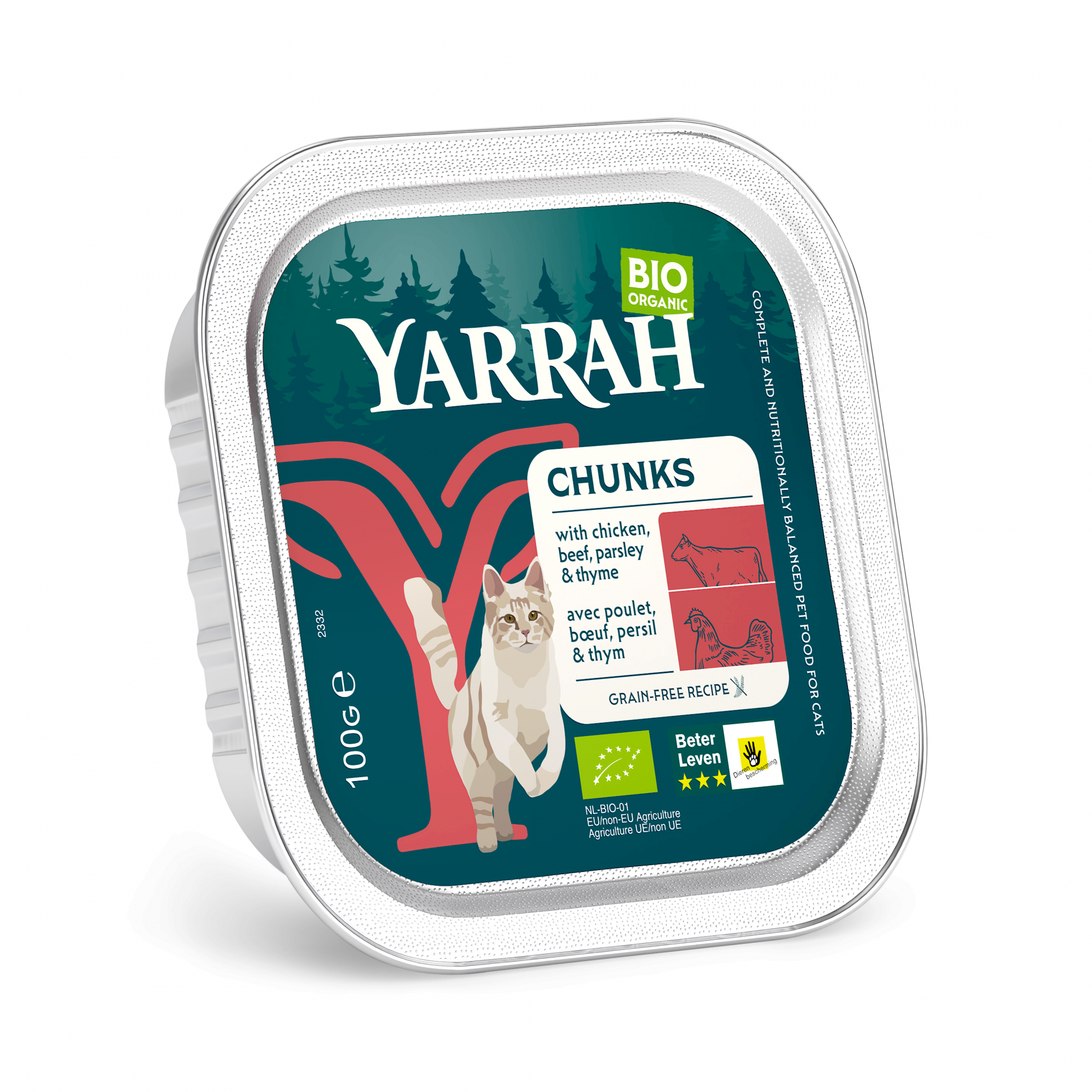 Pâtée en Bouchée Yarrah Bio 100g Sans Céréales pour Chat Adulte - 3 saveurs au choix