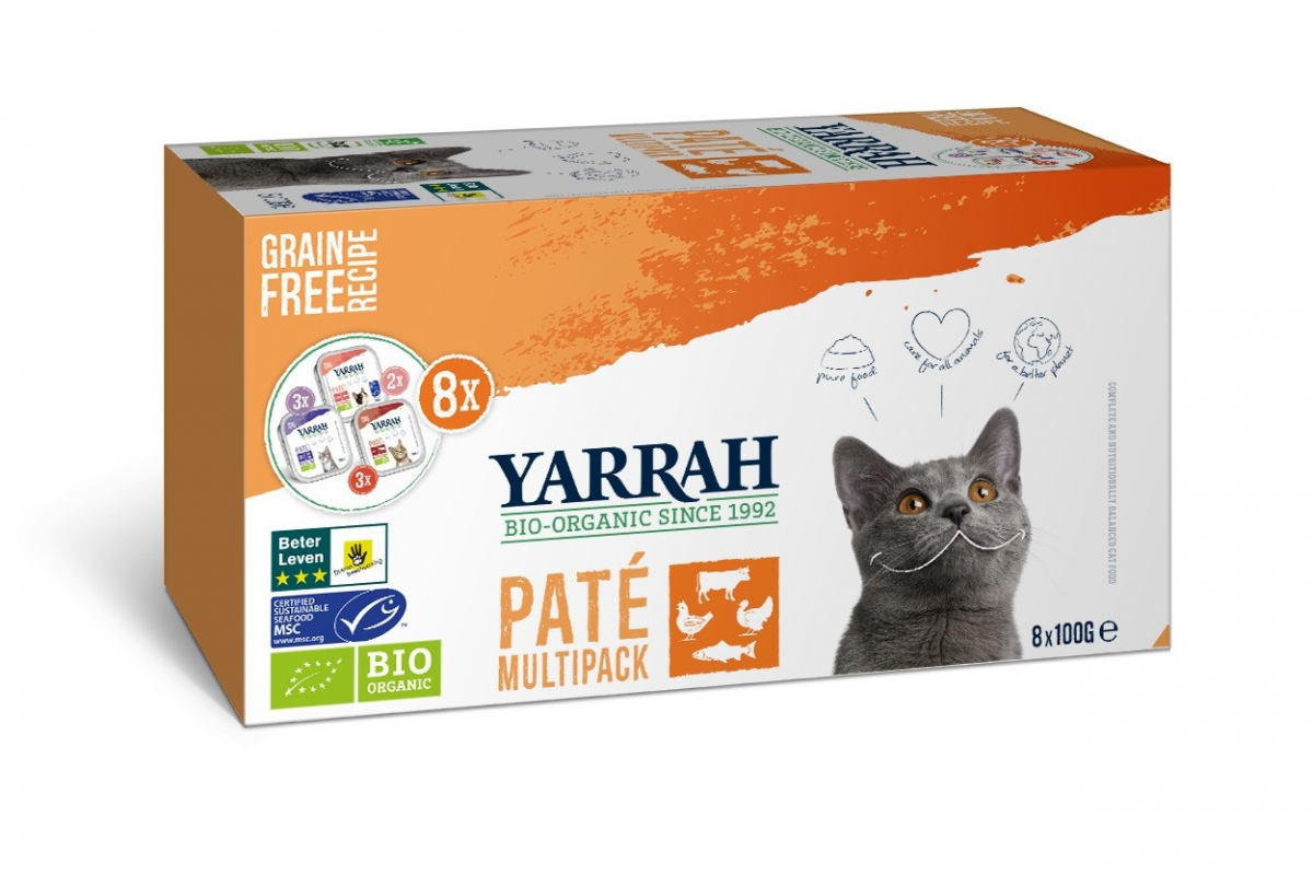 Packung mit 8 NAssfutter YARRAH Bio 100g ohne Getreide für erwachsene Katzen