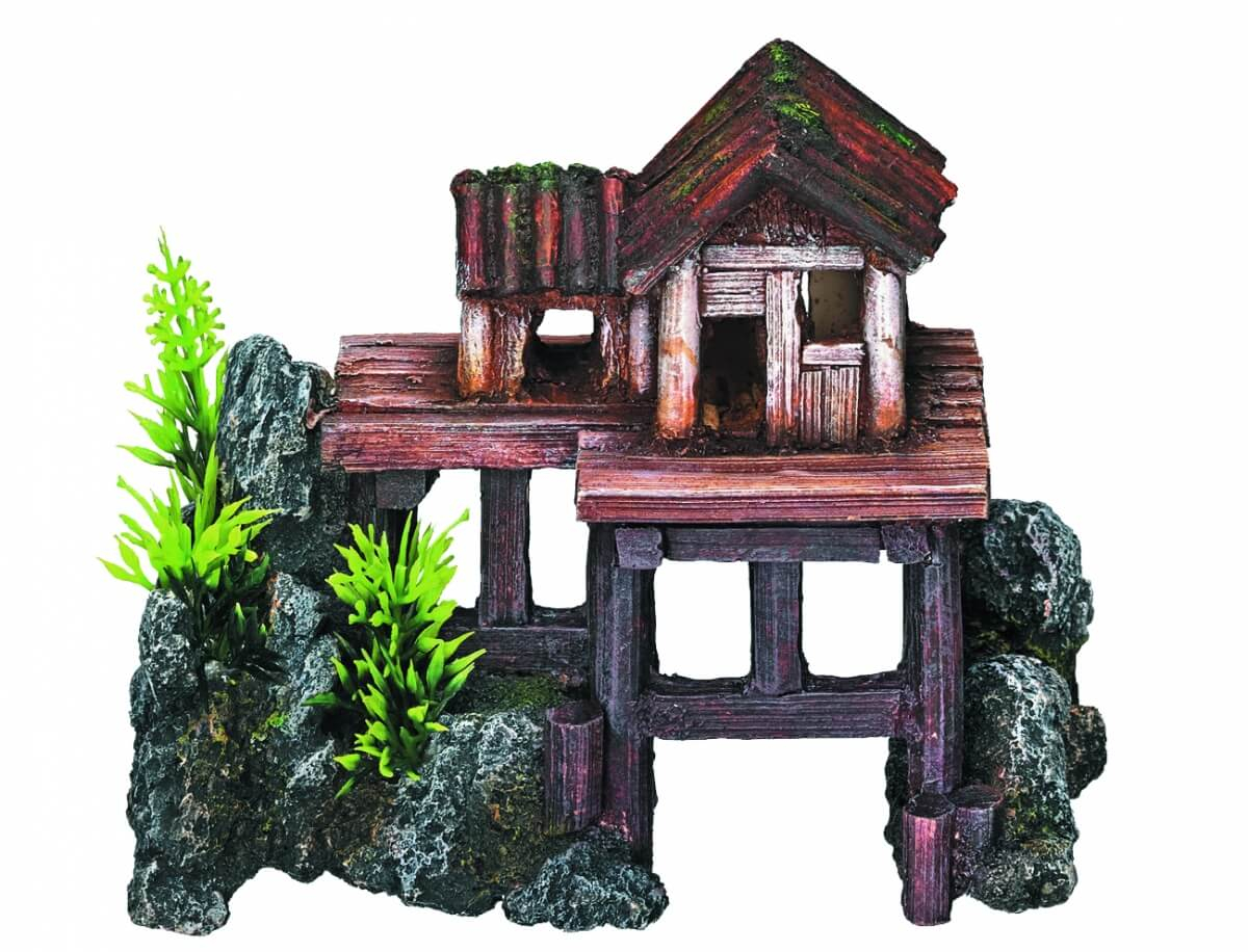Decoración de acuario casa pequeña de madera sobre pilotes