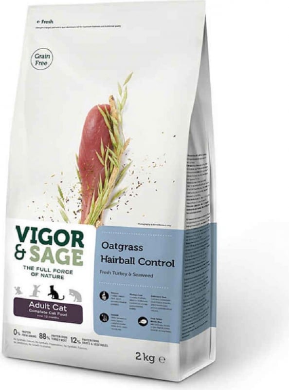 Vigor & Sage voor volwassen katten, met kalkoen en zeewier, speciaal voor haarballen, graanvrij