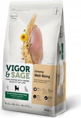 Vigor & Sage Ginseng Well Being Grain Free Small Breed Adult Dog, met kip & zeewier