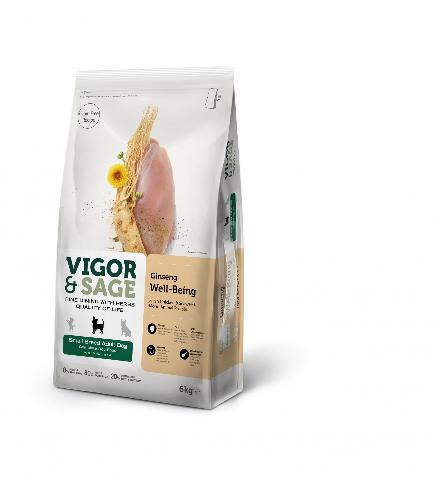 Vigor & Sage sin cereales con pollo y té verde para perro de raza pequeña