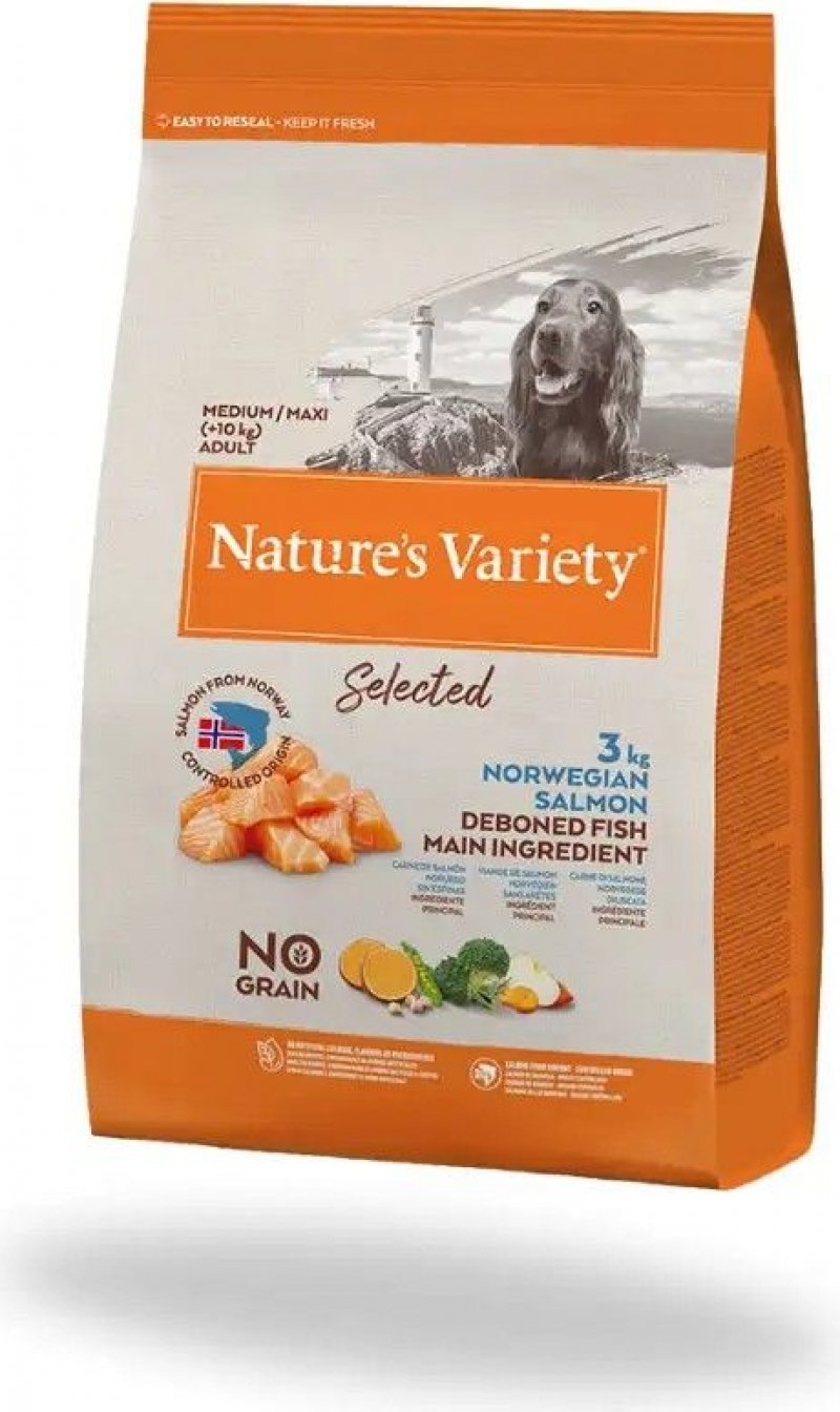 NATURE'S VARIETY Selected koer Medium Maxi täiskasvanud, Norra kondita lõhe ja teraviljavaba