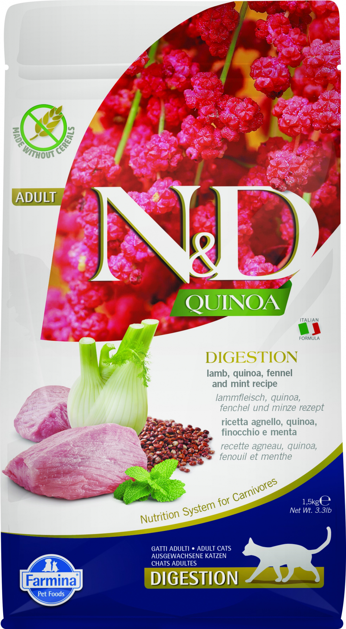 FARMINA N&D DIGESTION Quinoa - Alimento seco de cordeiro & funcho para gato adulto